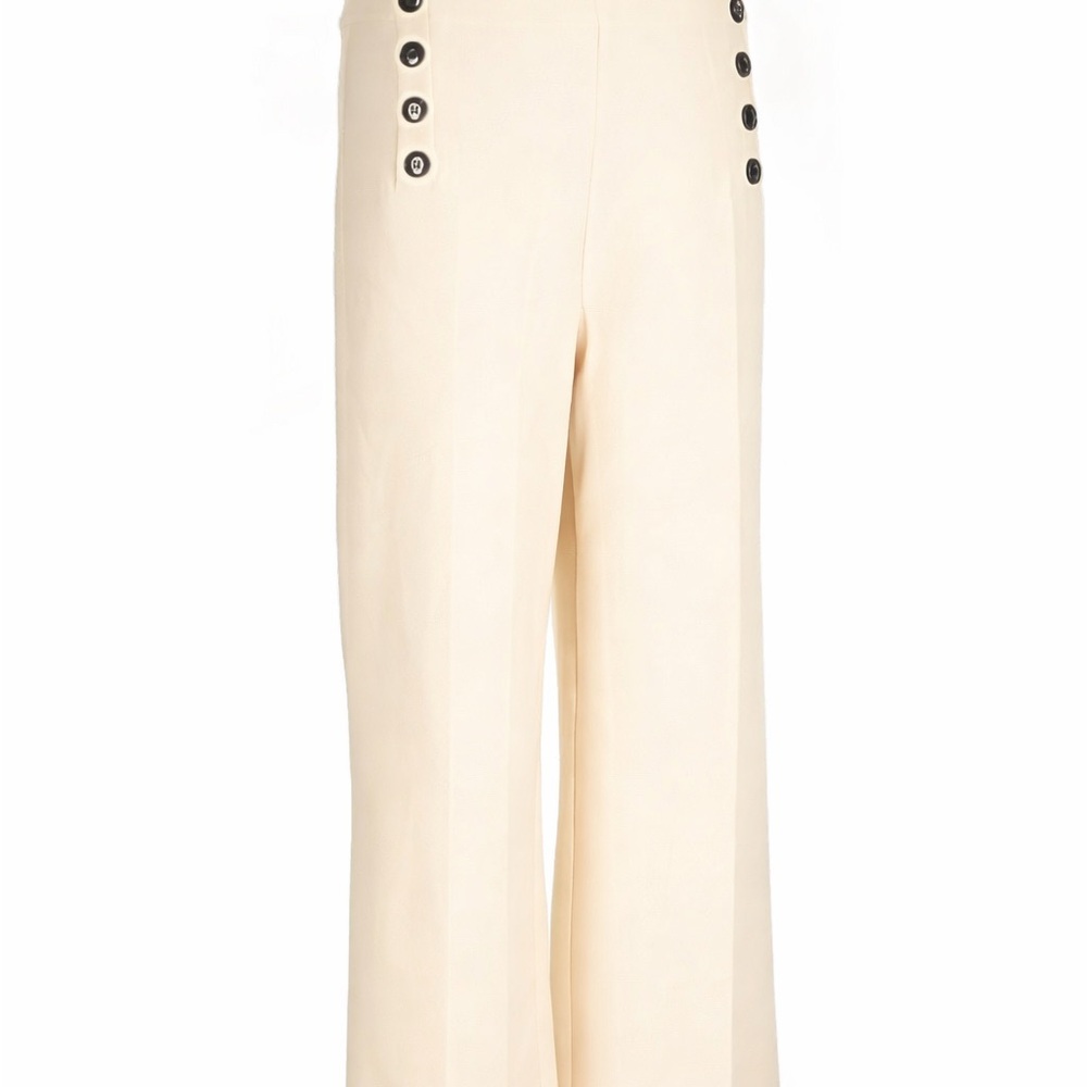 High-Rise Cream Wide-Leg Trousers with Button Accents